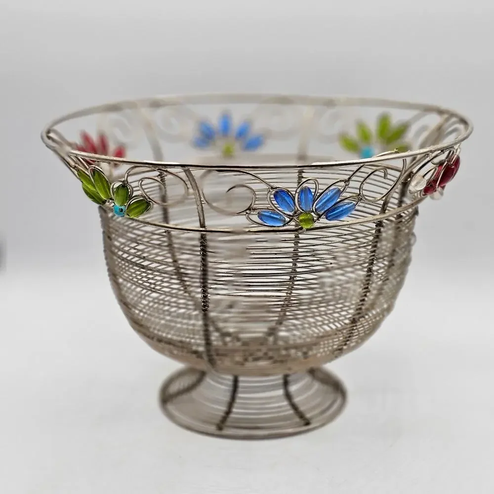 Vintage Beaded Wire Mesh Pedestal Basket Boho Floral Decor